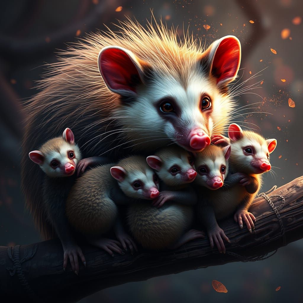 Fantastical Opossum Family in Vibrant, Detailed Fantasy Scen...