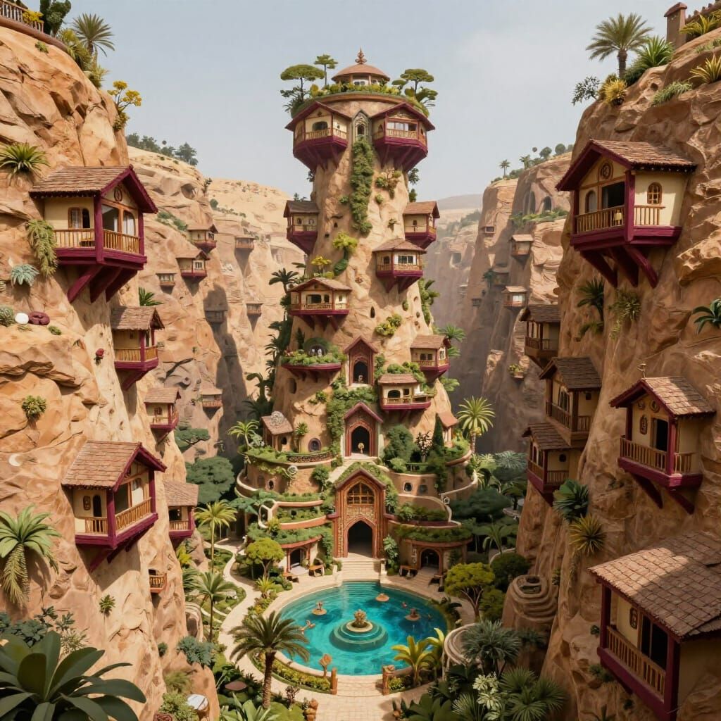 Fantasy Cliffside Cityscape with Biophilic Architecture