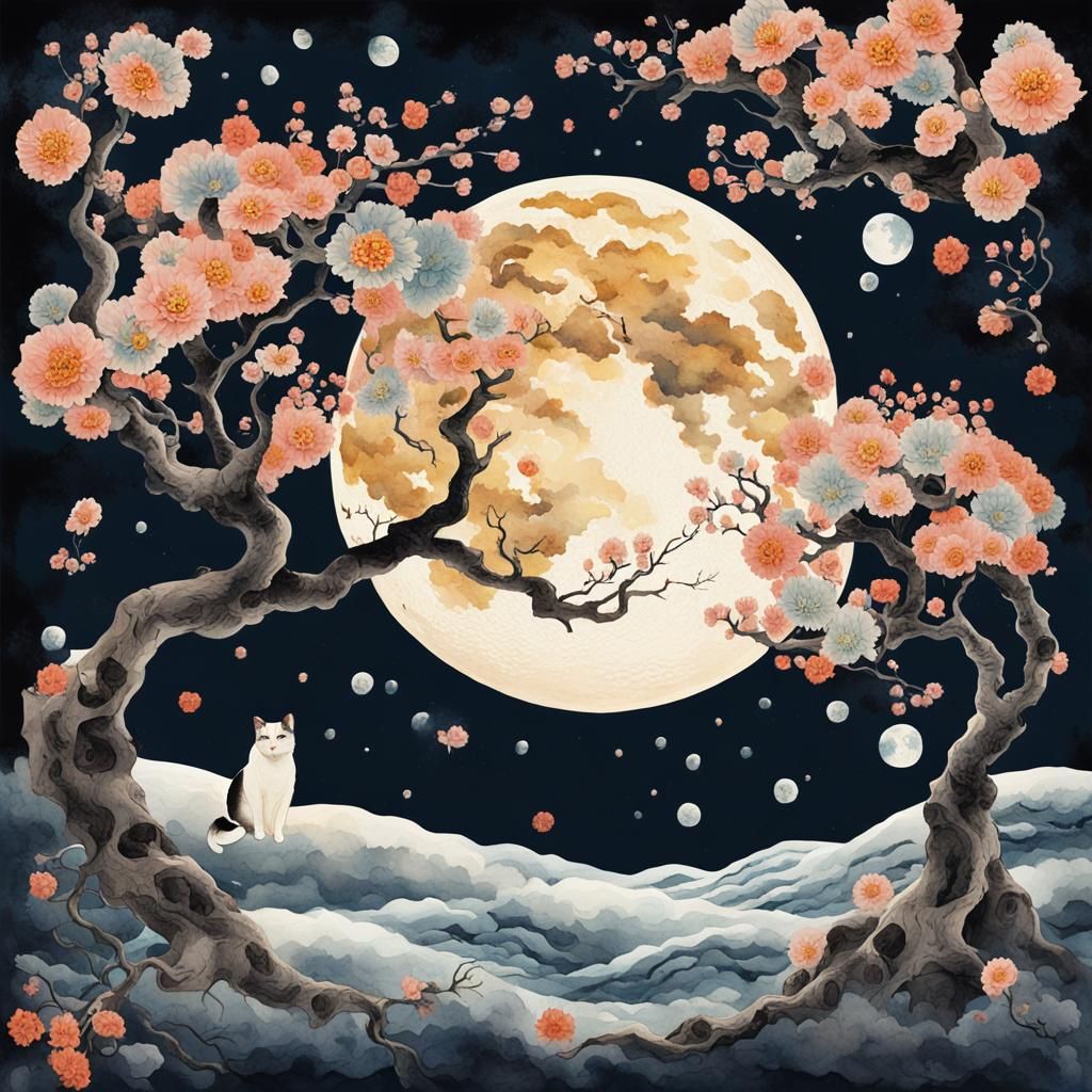 Upside Down Lunar Tree in Ukiyo-e Impasto Style