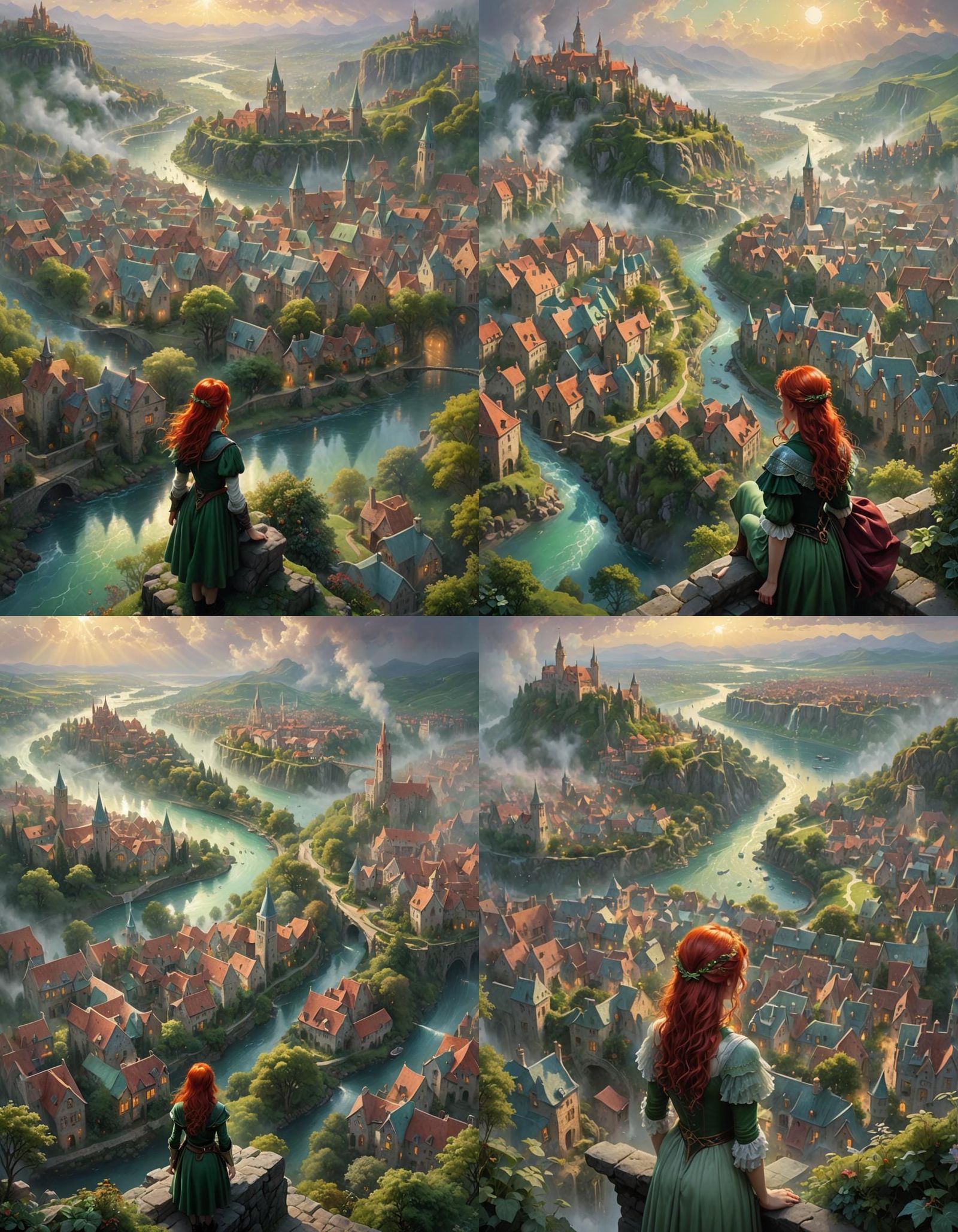 Magical Medieval City View with Girl, Fantasy Art