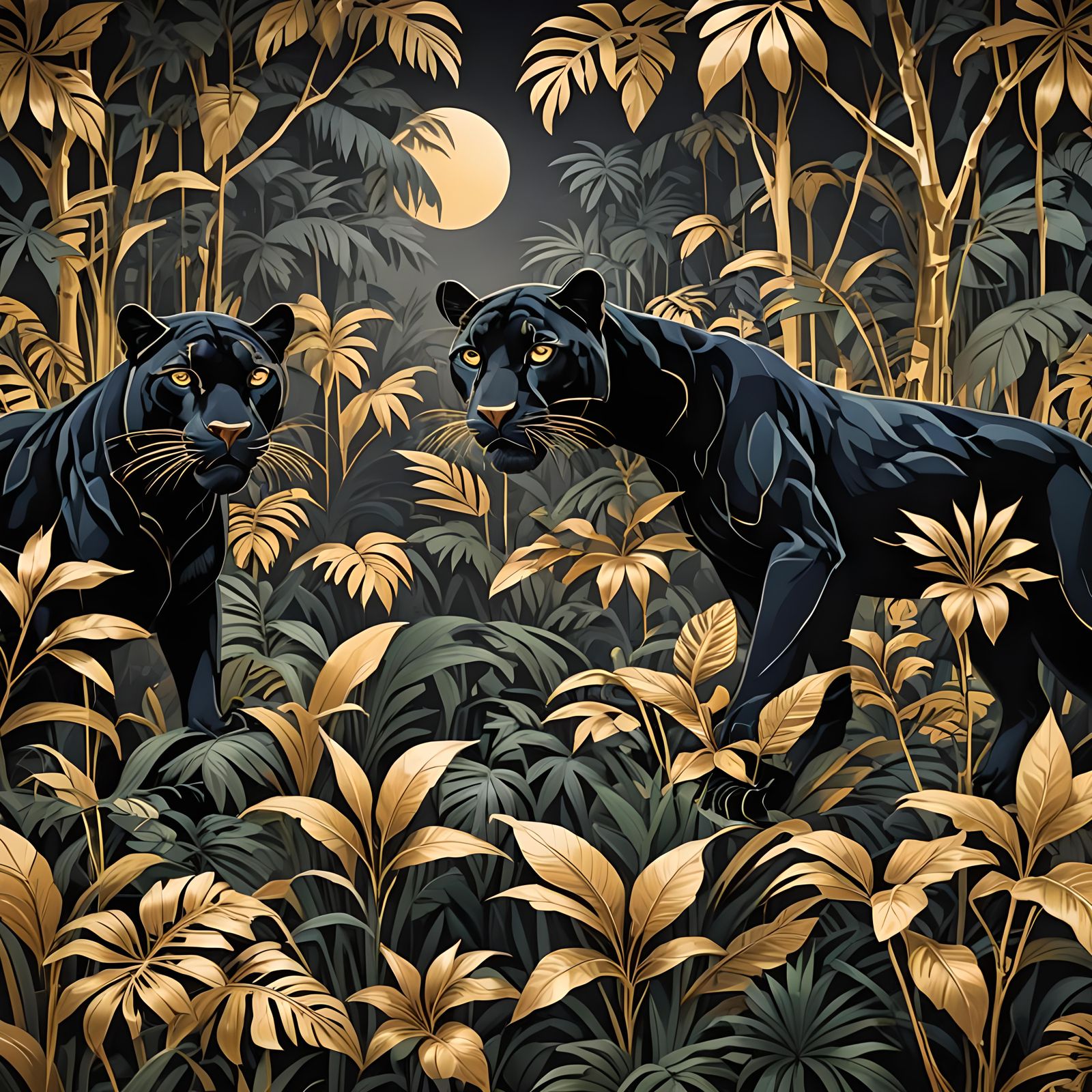Two black panthers stealthily prowling