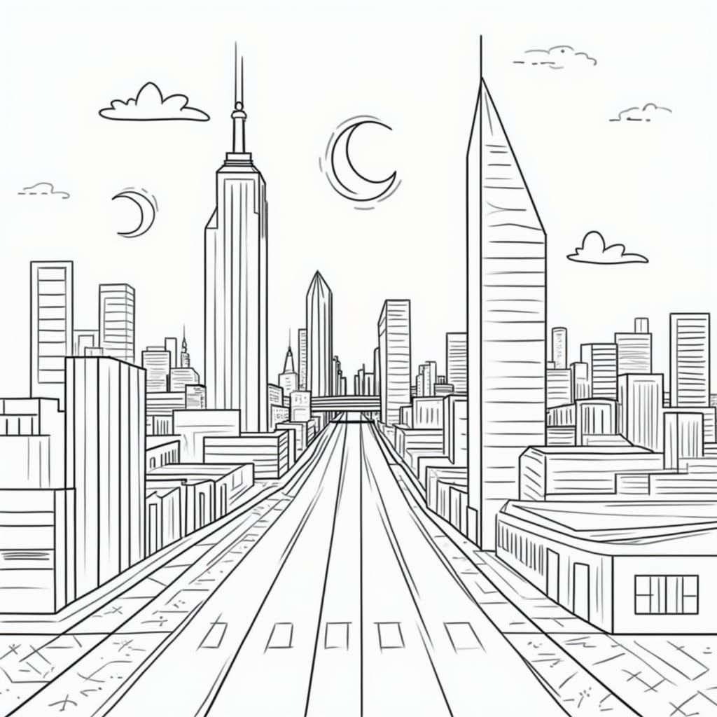 Geometric Cityscape with Two Moons at Dusk