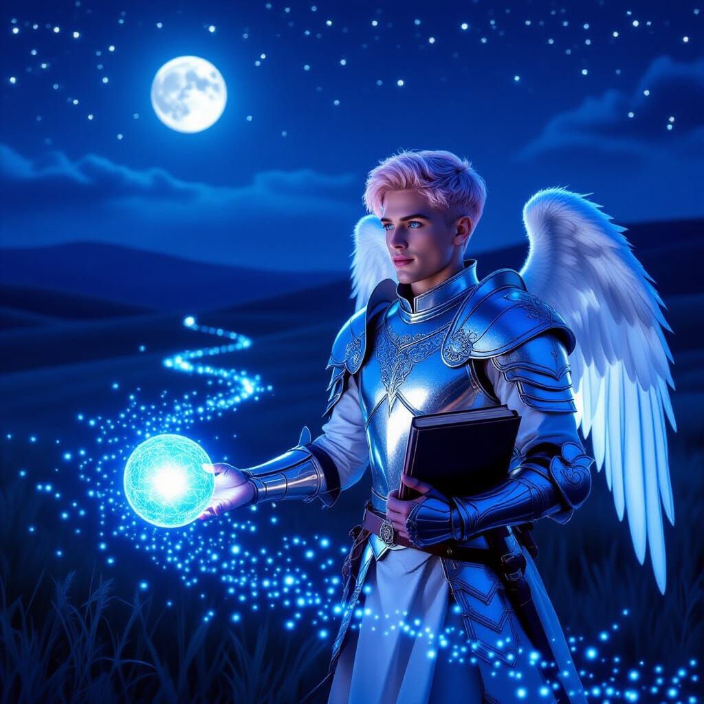 Angel Guided by Blue Light in Starry Meadow