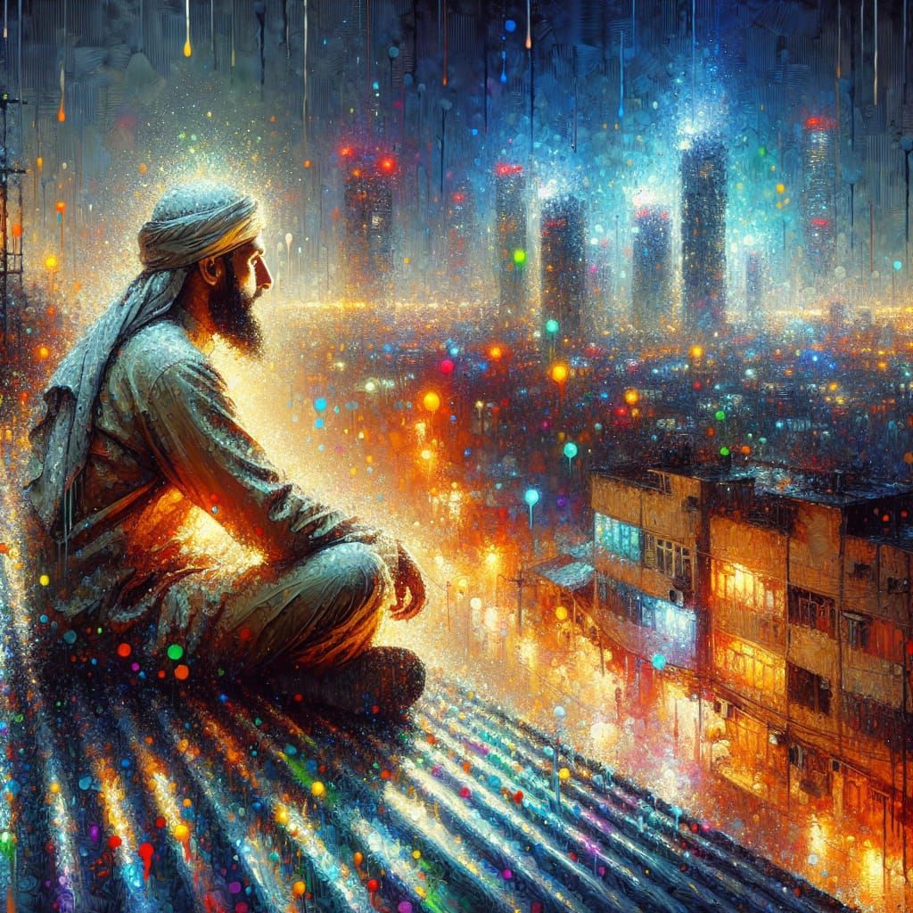 Rooftop Night Watch in Splash Art Style