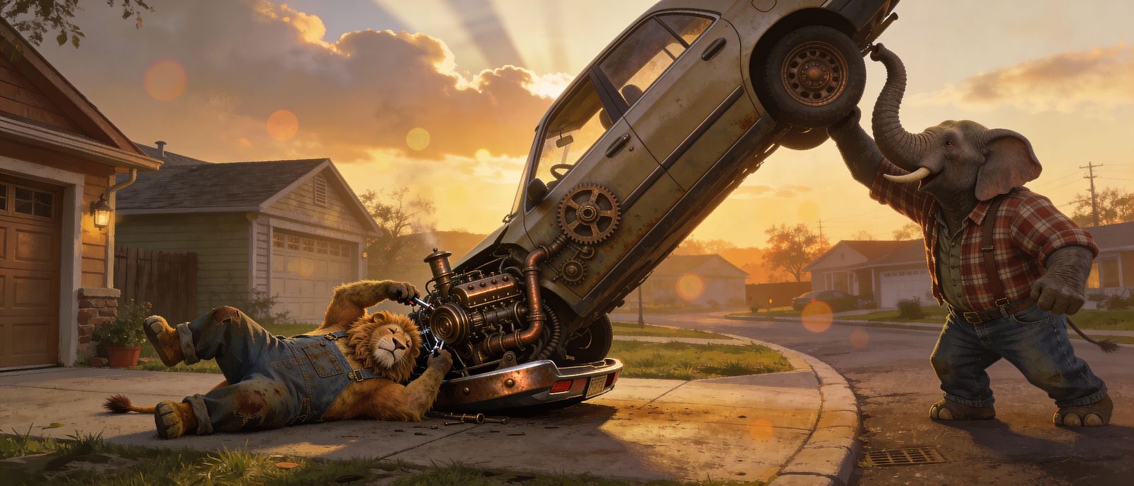 Anthropomorphic Animals Repairing Car at Dusk