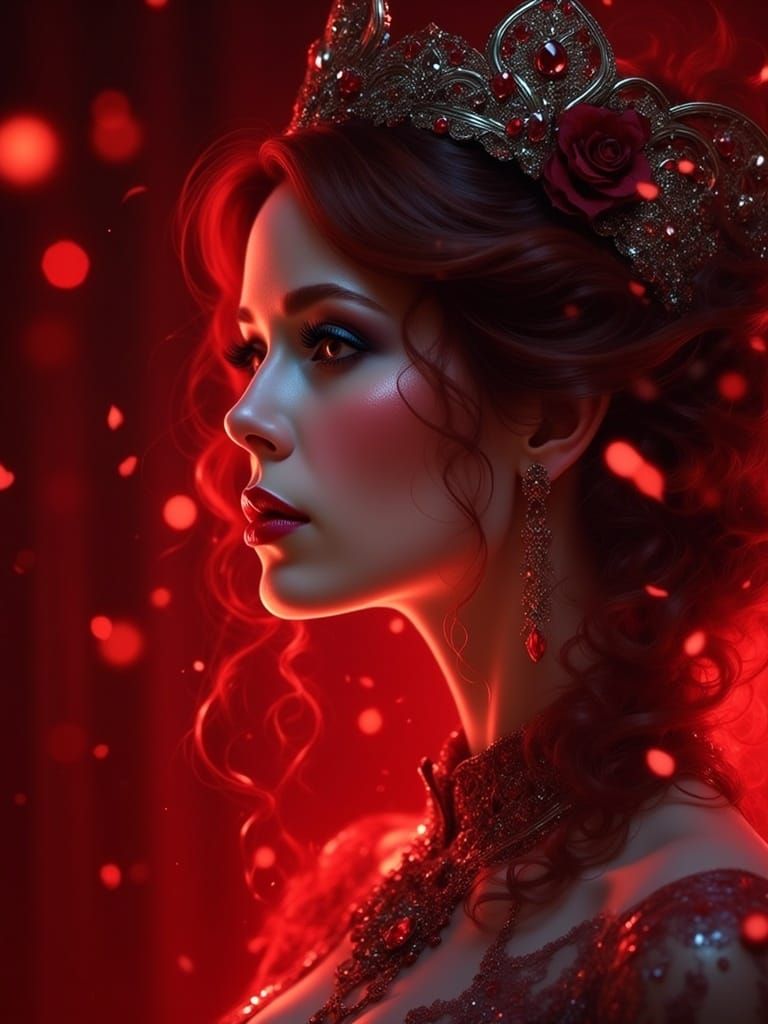 Edwardian Woman in Ruby Glow: A Hyperrealistic Portrait