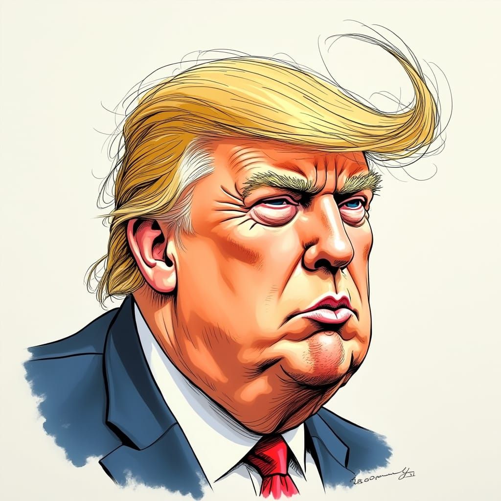 Exaggerated Cartoon Portrait of Donald Trump's Face