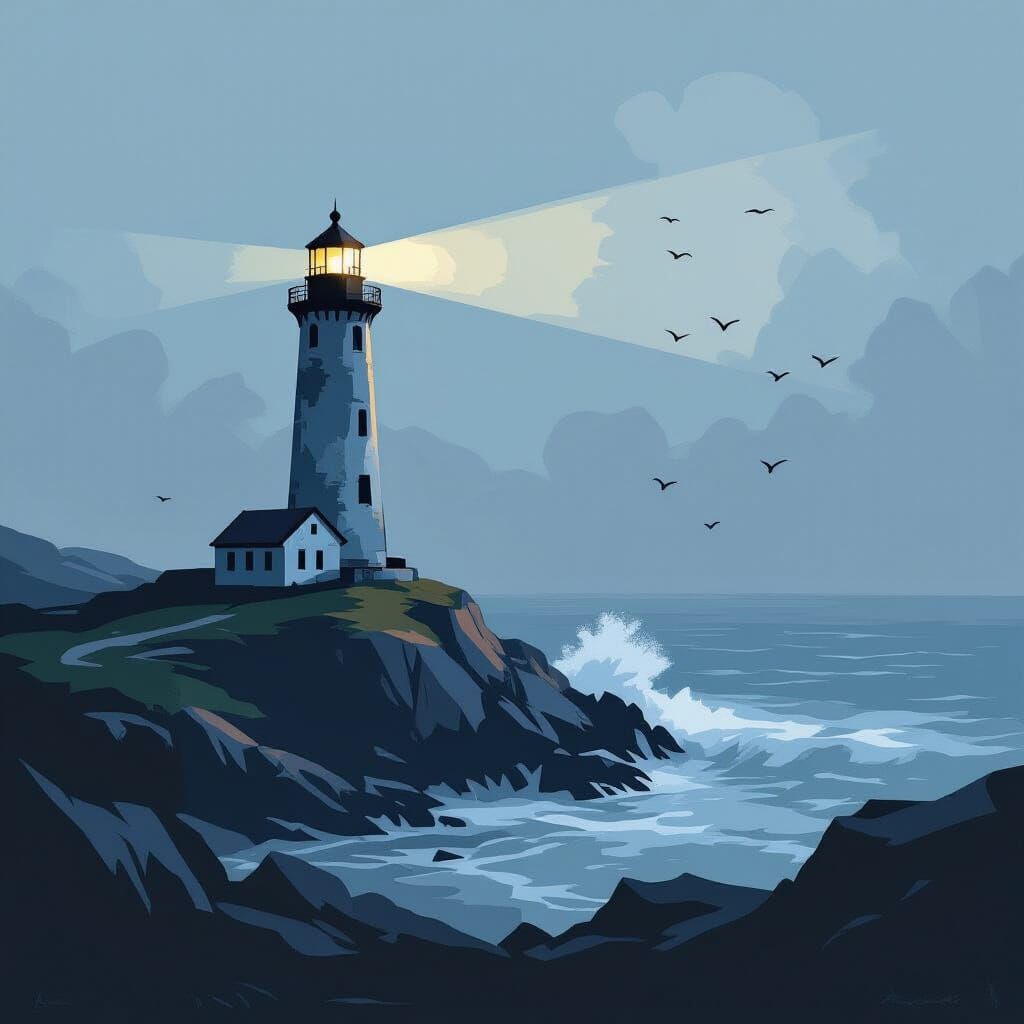 Lone Lighthouse on Misty Coast in Abstract Expressionist Sty...