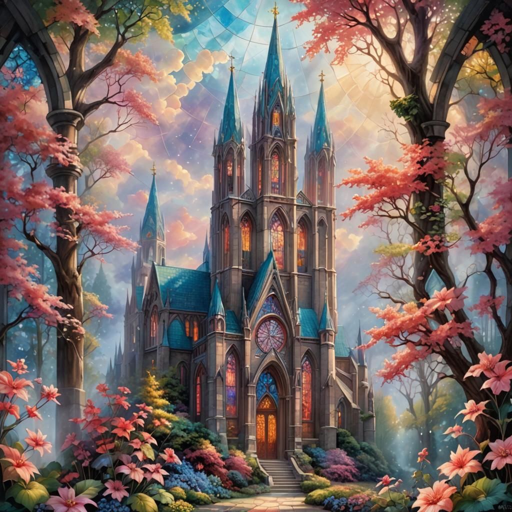 Ethereal Stained Glass Cathedral with Coral Bells