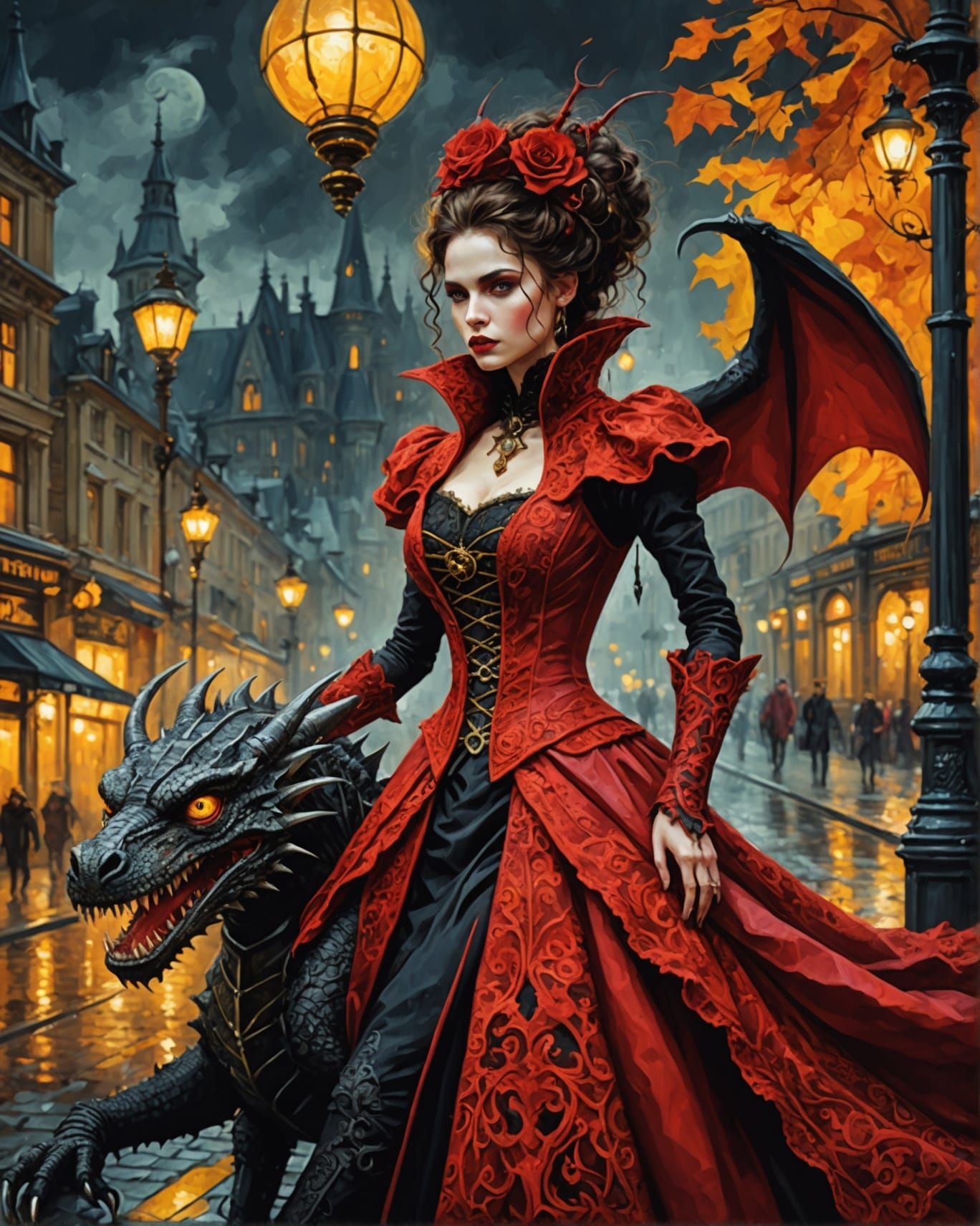 Steampunk Vampire Dragon Ride as Oil Painting