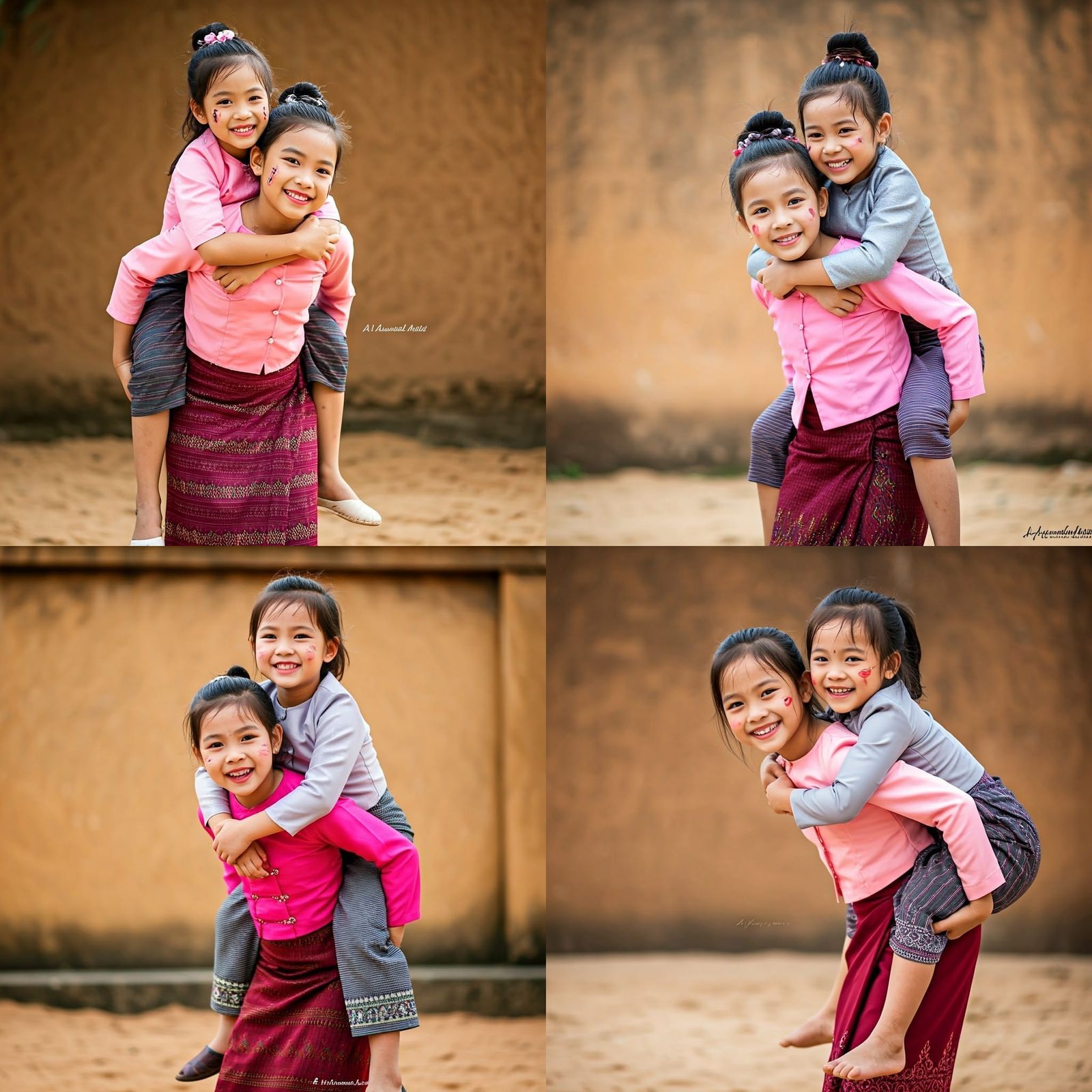 Playful Burmese Girls in Traditional Dress