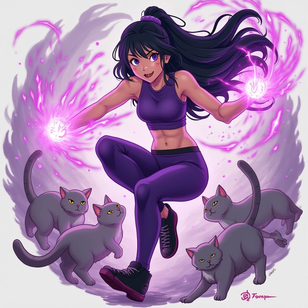 Dynamic Ninja Girl with Cats in Digital Art Style