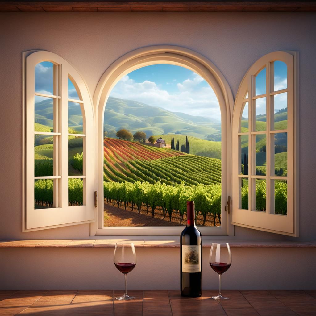 Vineyard View through Window in Impressionistic Style