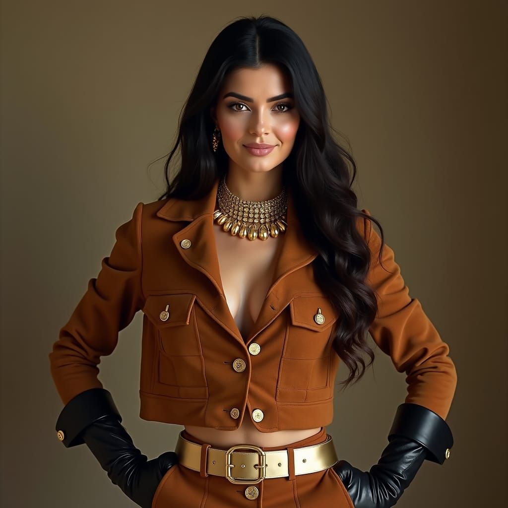 Woman in Suede and Gold, Hyper-Realistic Render