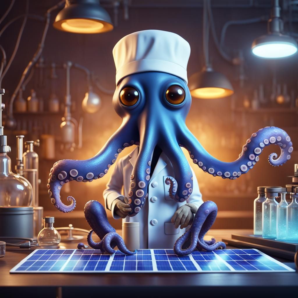 Octopus Scientist Working on Solar Cells, Detailed Art