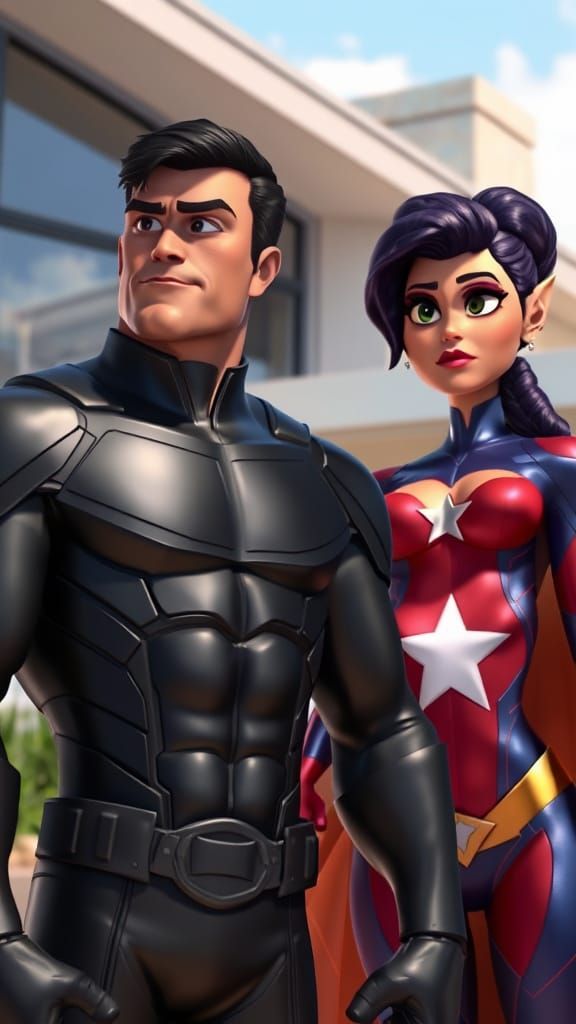 Brooding Superhero in Dark Metallic Suit, with Concerned Her...