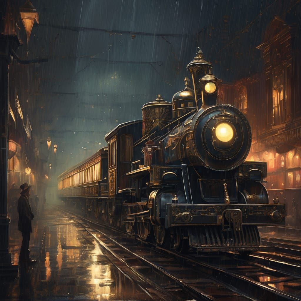 Art Deco Circus Train on Rainy Night in Cinematic Style