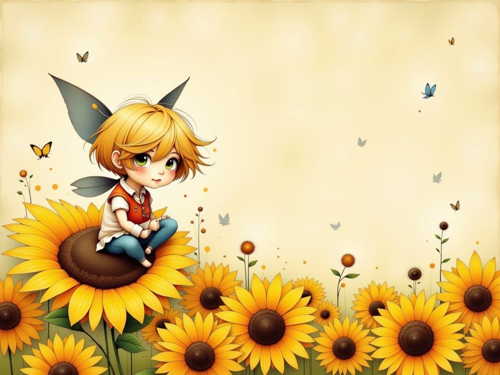 Kawaii Pixie on Sunflower in Earthy Art Style