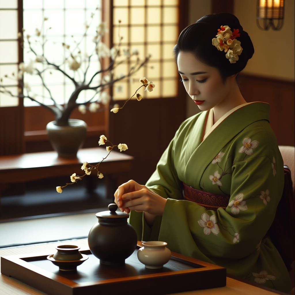 Serenely Attired Geisha in Traditional Japanese Tea Ceremony