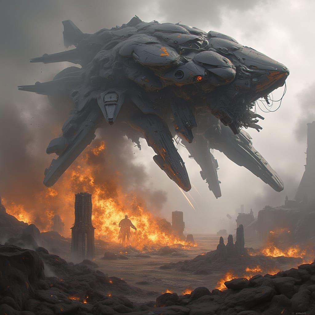 Battle-Mech Over Alien Planet in Oil Realism