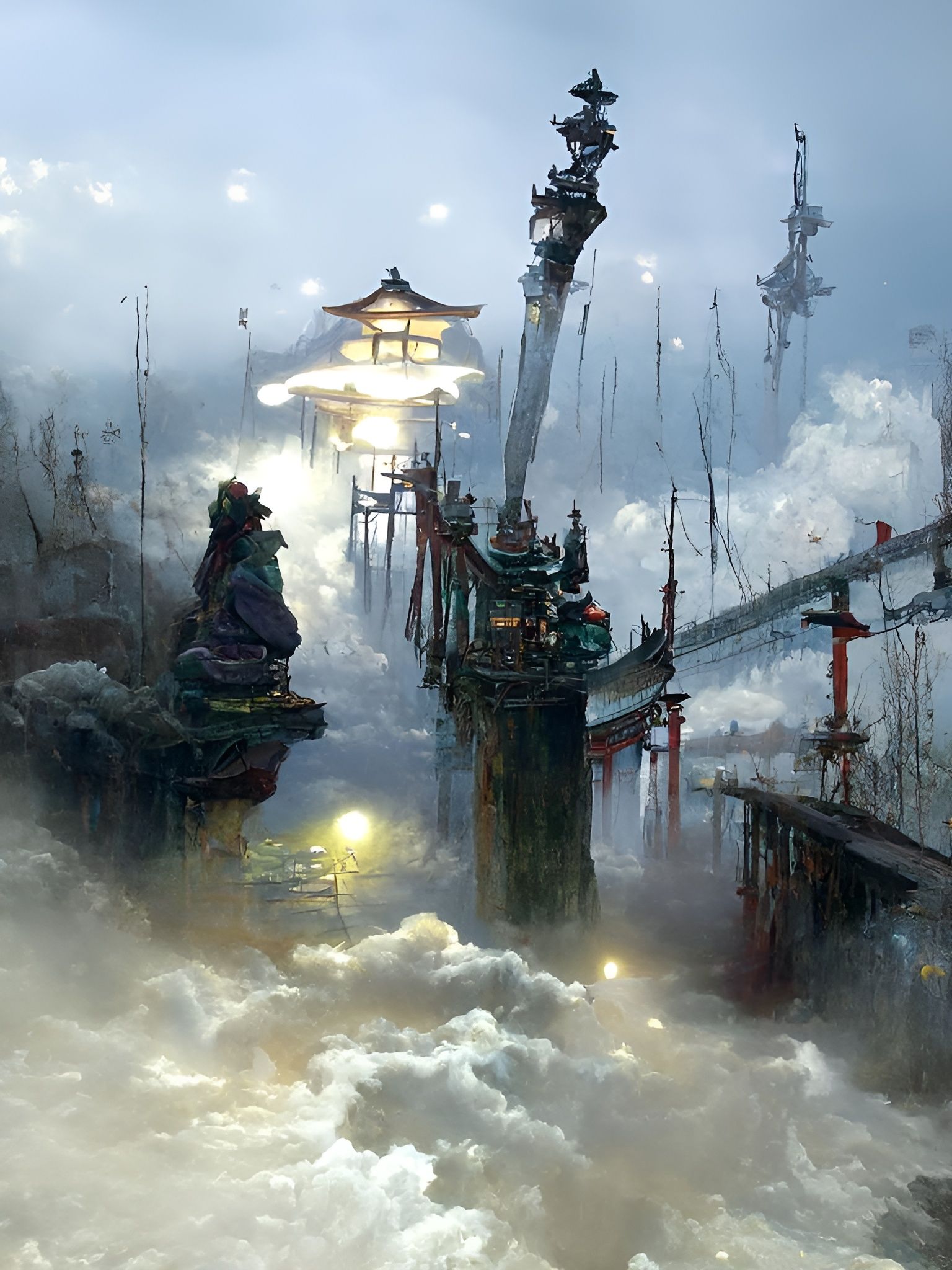 Ancient Japanese Pier at Night with Auroras