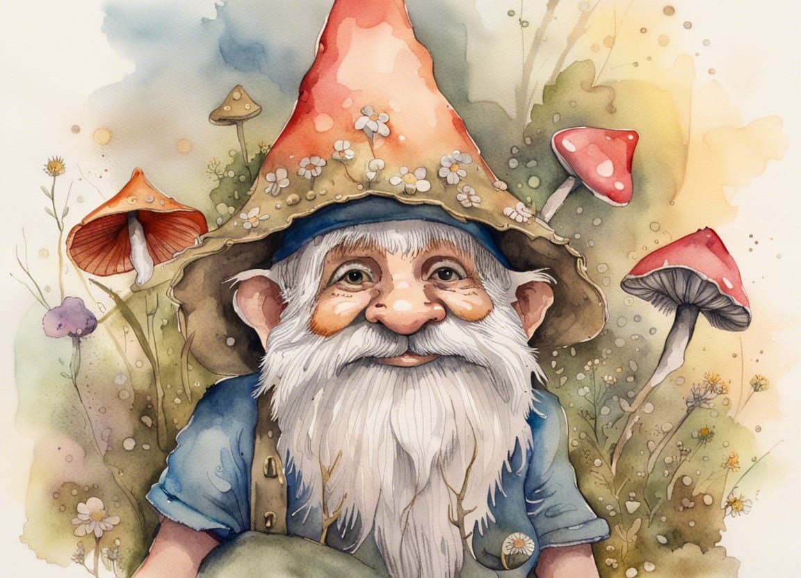 Mushroom Gnome in Watercolor with Wildflowers