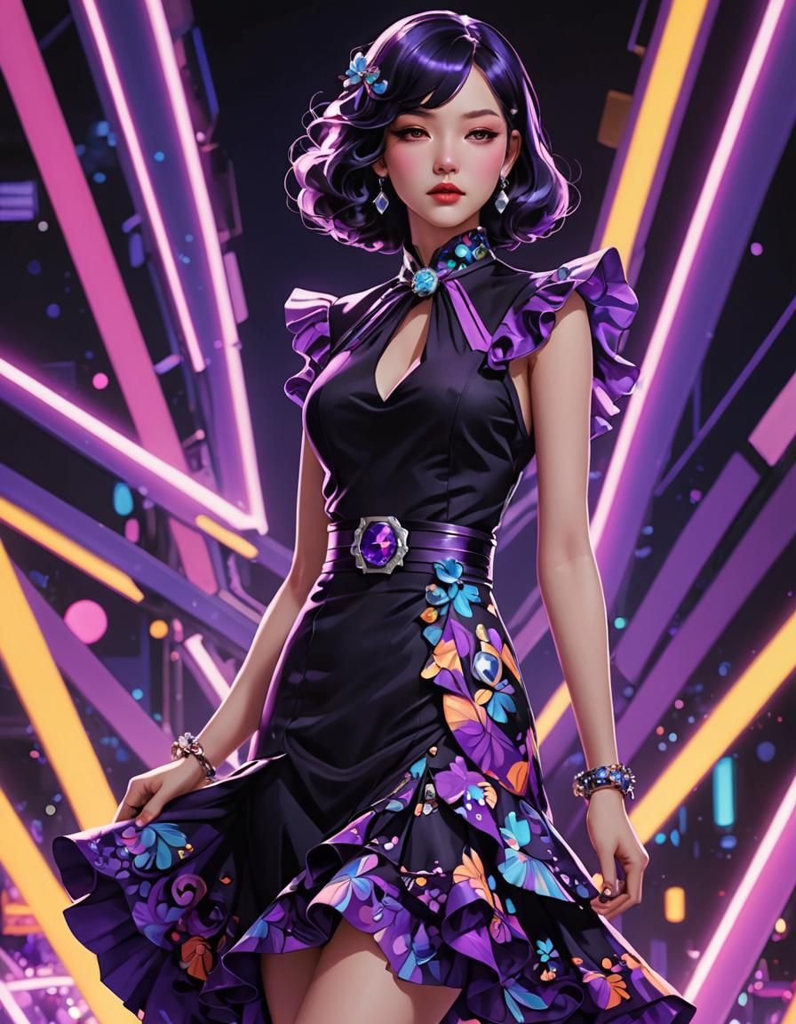 Psychedelic Neon 1930s Ladies Suit in Anime Style