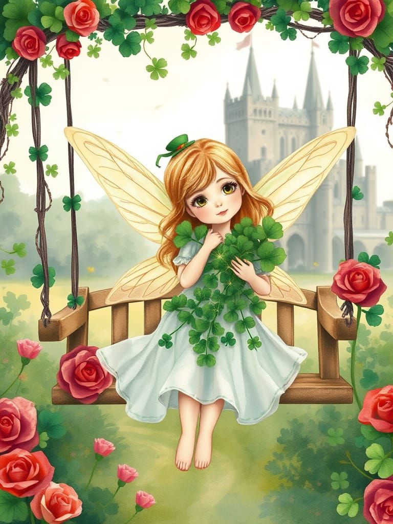 Delicate Irish Fairy in Whimsical Watercolor Garden