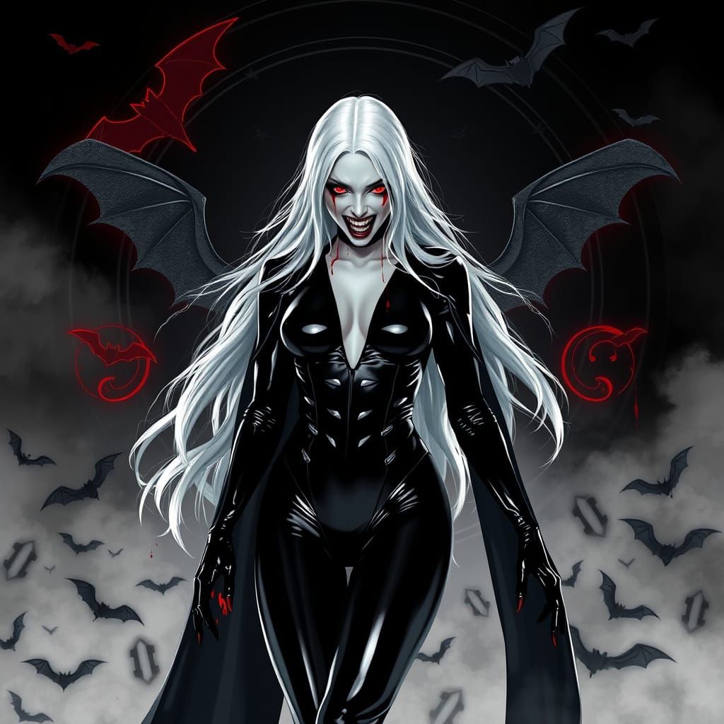 Cyberpunk Vampire Goddess in Black Latex and Neon Accents