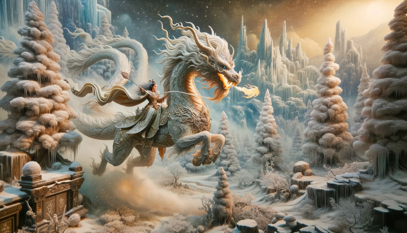 Warrior Woman on Dragon in Winter Storm