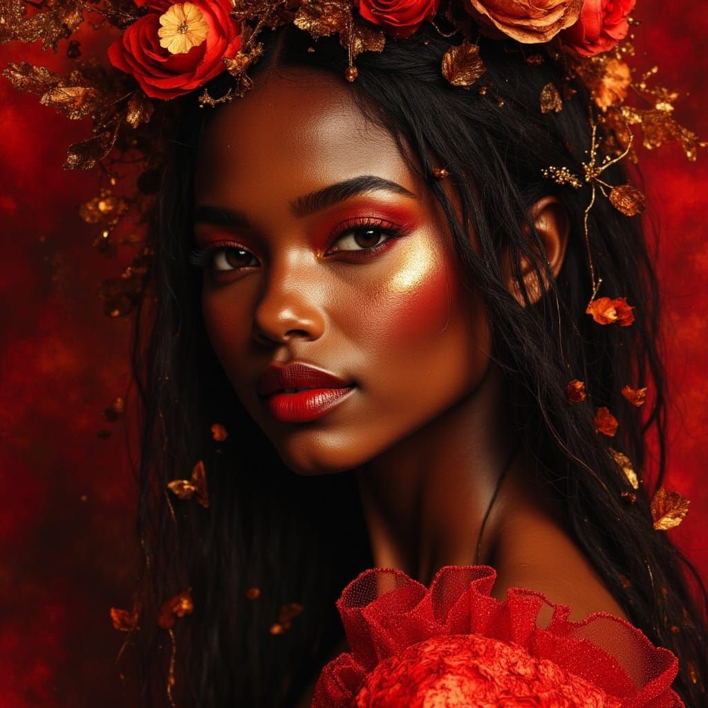 Elegant African Goddess in Red Dress