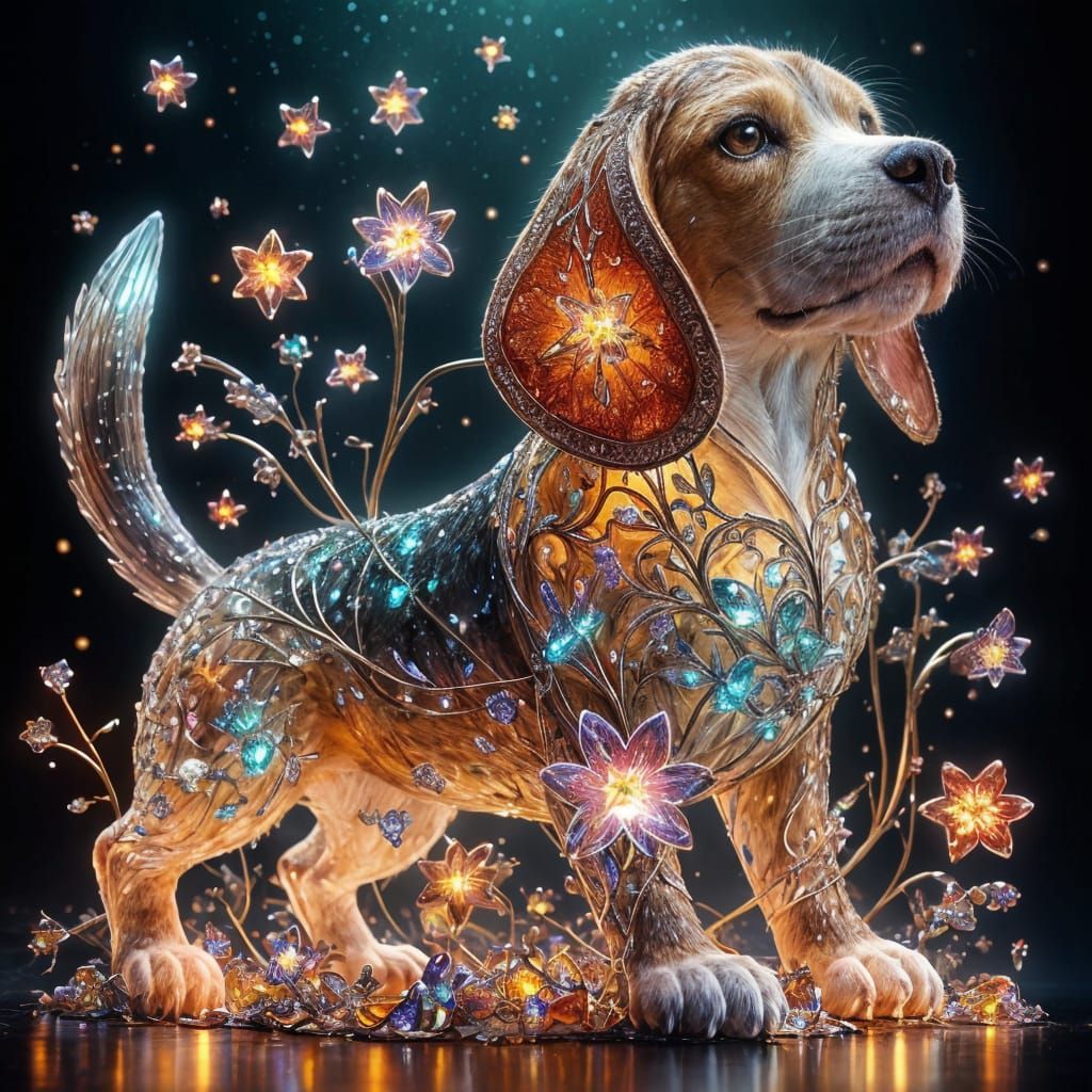 Bioluminescent Beagle: Crystal Sculpture in Hyperrealism