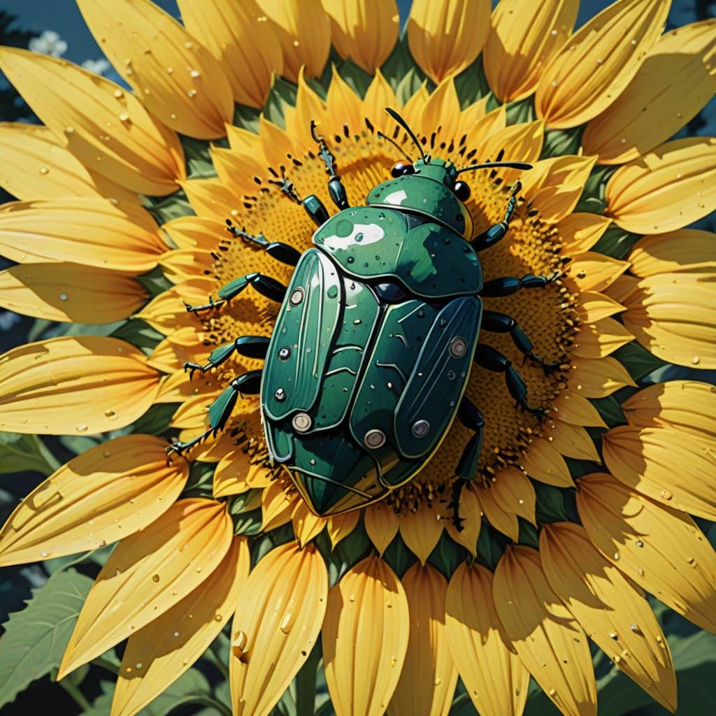 Tiny bug on a sunflower hiroshige  shin hanga ukiyo-e