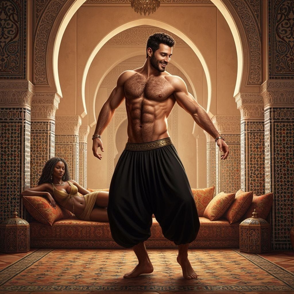 Arab Man Dances in Moroccan Riad, Watched by African Woman