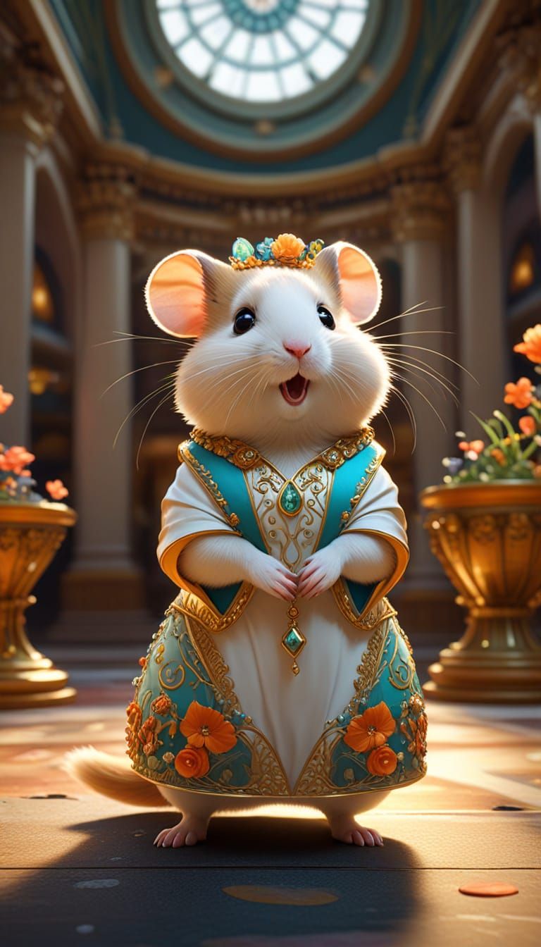 Anthropomorphic Hamster in Museum, Hyperdetailed Digital Art