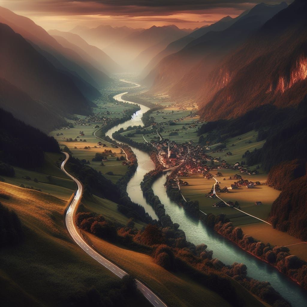 Idyllic Valley with River and Quaint Town at Dusk