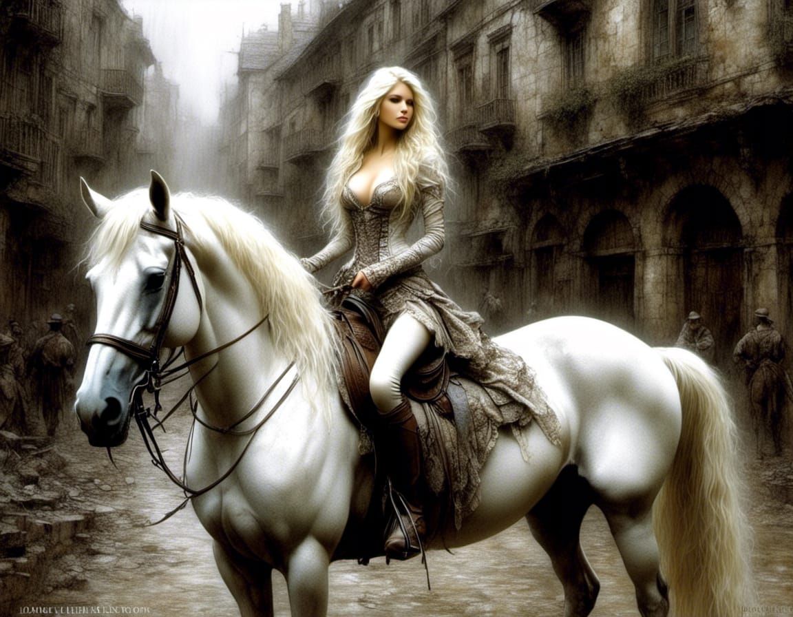 Woman on Horse in Victorian City by Royo