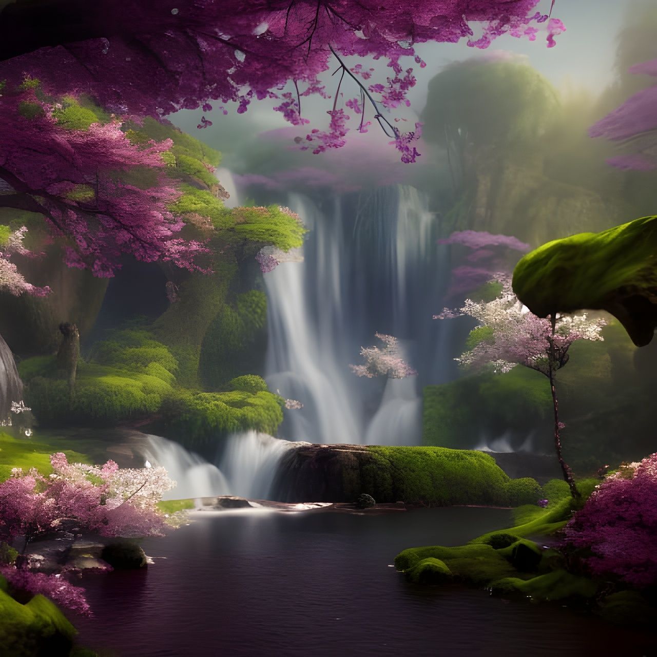 Beautiful Fantasy scene, waterfalls, Cherry trees, flowers, ethereal, high resolution, trending on Artstation Unreal Eng...
