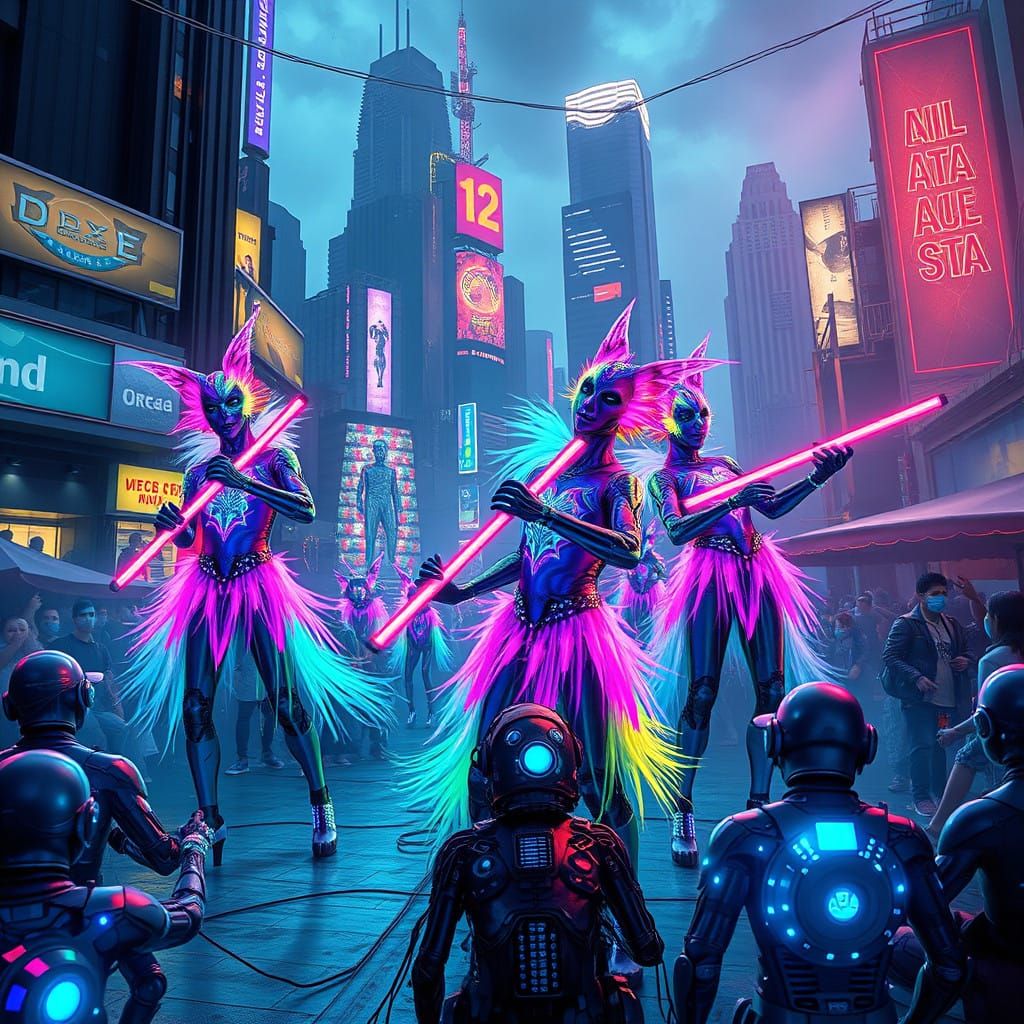 Vibrant Cyberpunk Clowns in a Futuristic Dystopia