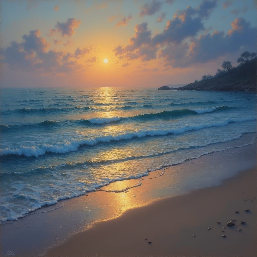 Warm Sunset on Tranquil Beach in Impressionist Style