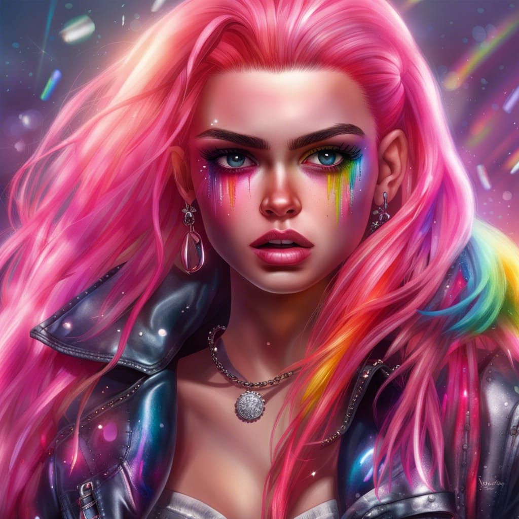 Angry Woman with Rainbow Hair on Crystal Rock