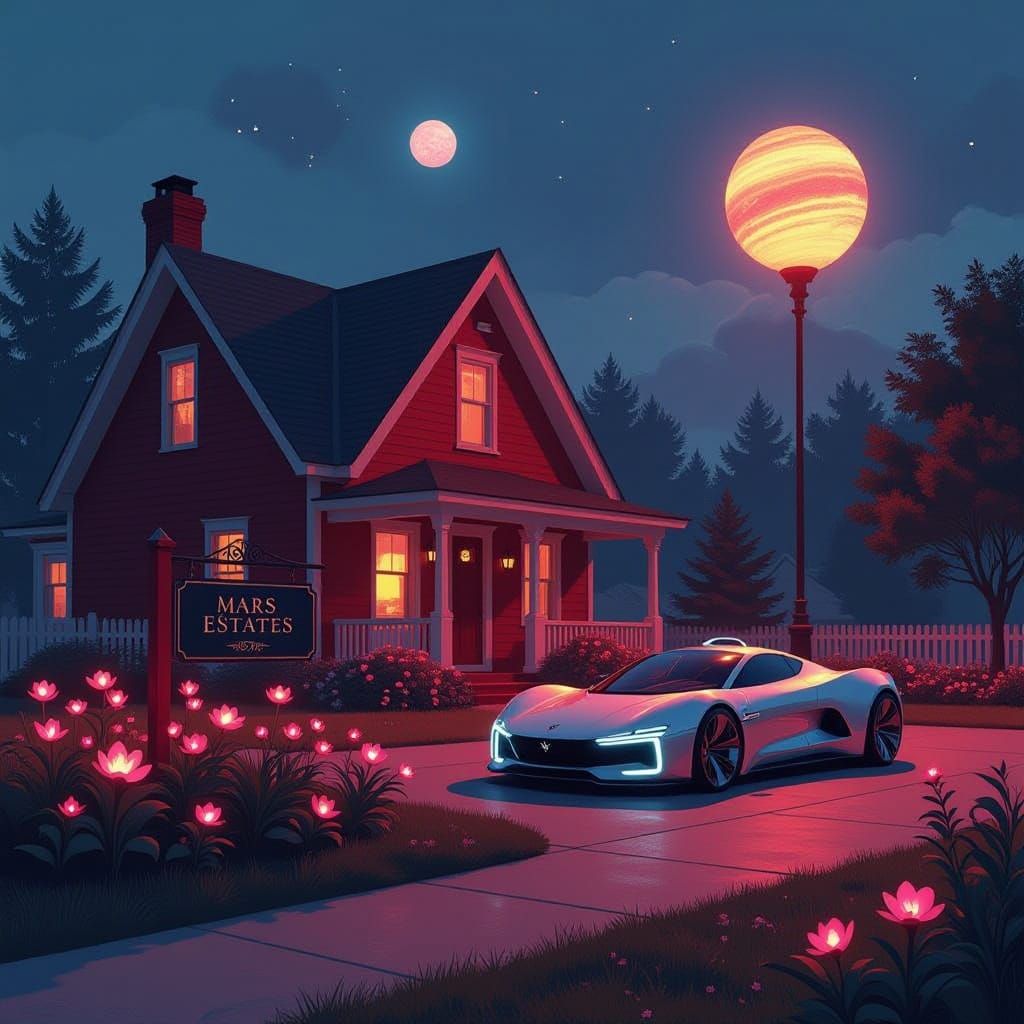 Mars Estates Red Cottage with Alien Flowers and Planet Stree...