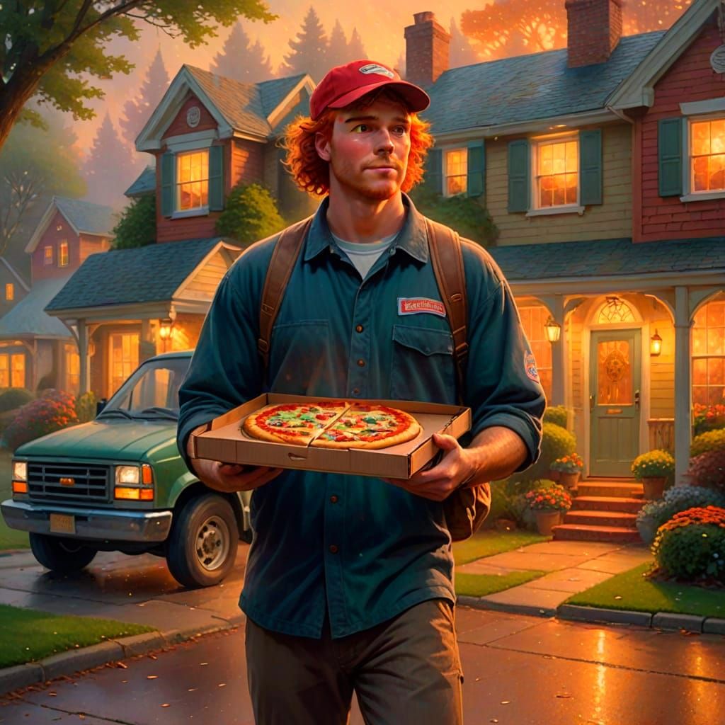 Ethereal Pizza Delivery Boy in Kinkade Style