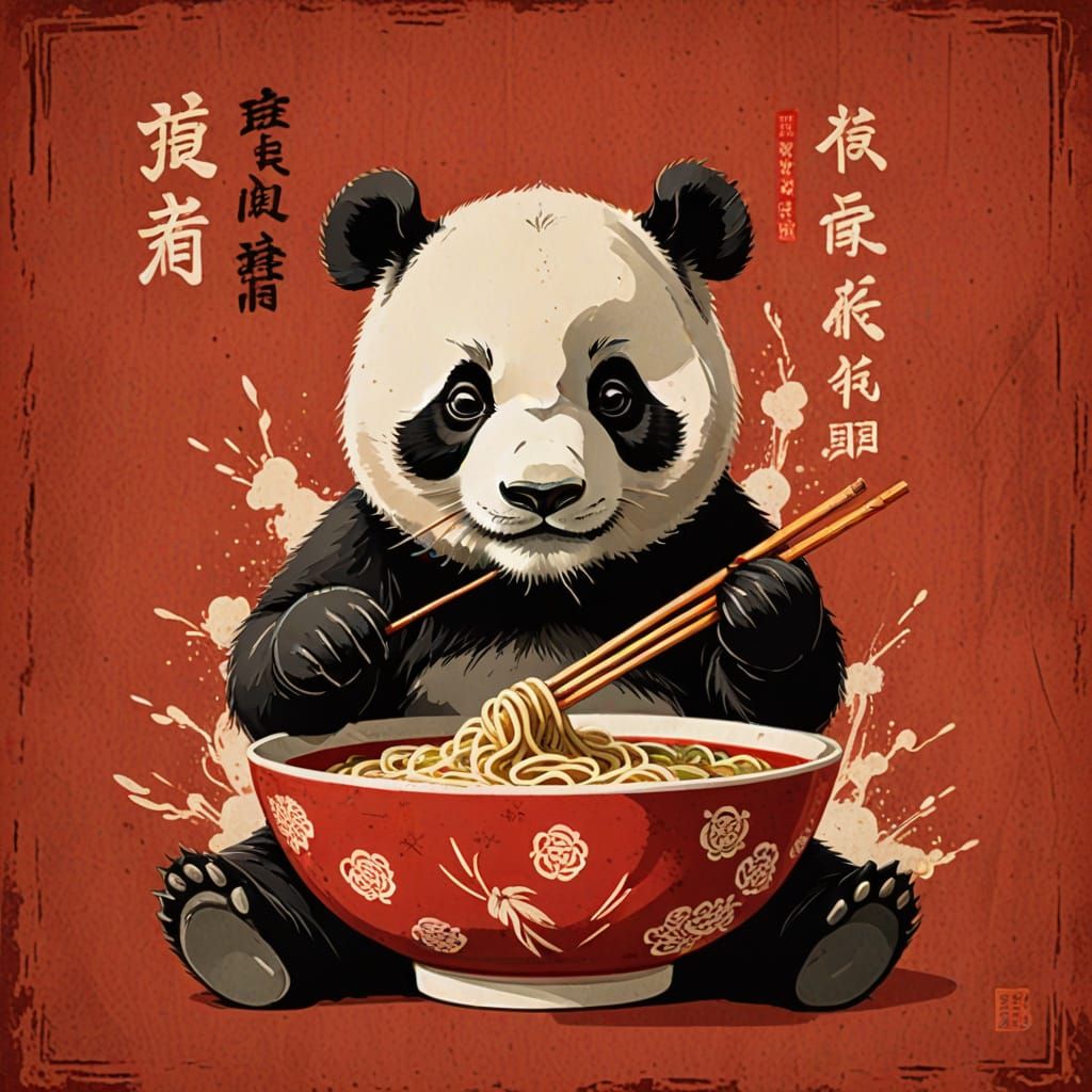 Vintage Panda Enjoying Chinese Noodles in Red Haze