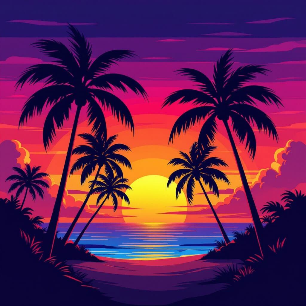 Synthwave Palm Trees at Sunset: Retro Vector Art