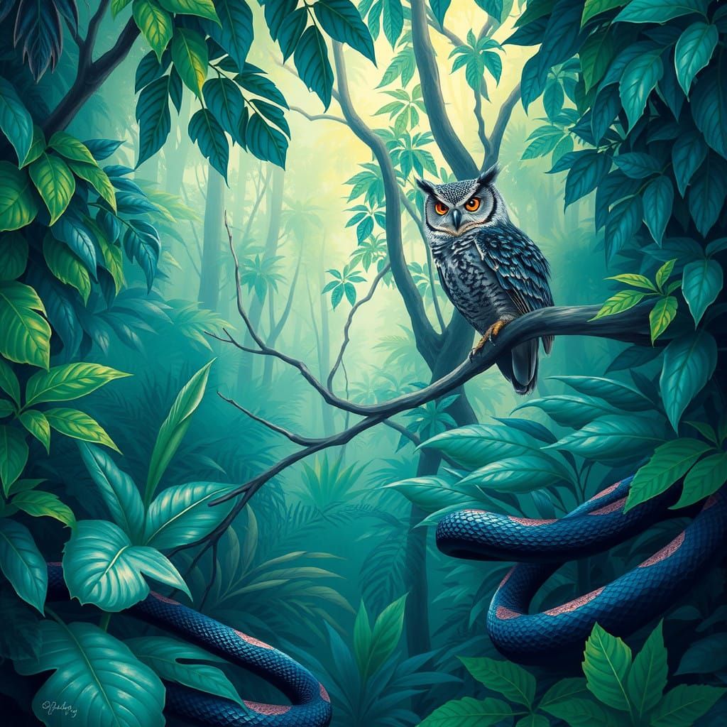 A Vibrant Jungle Scene with Blue Leaves and Colorful Wildlif...