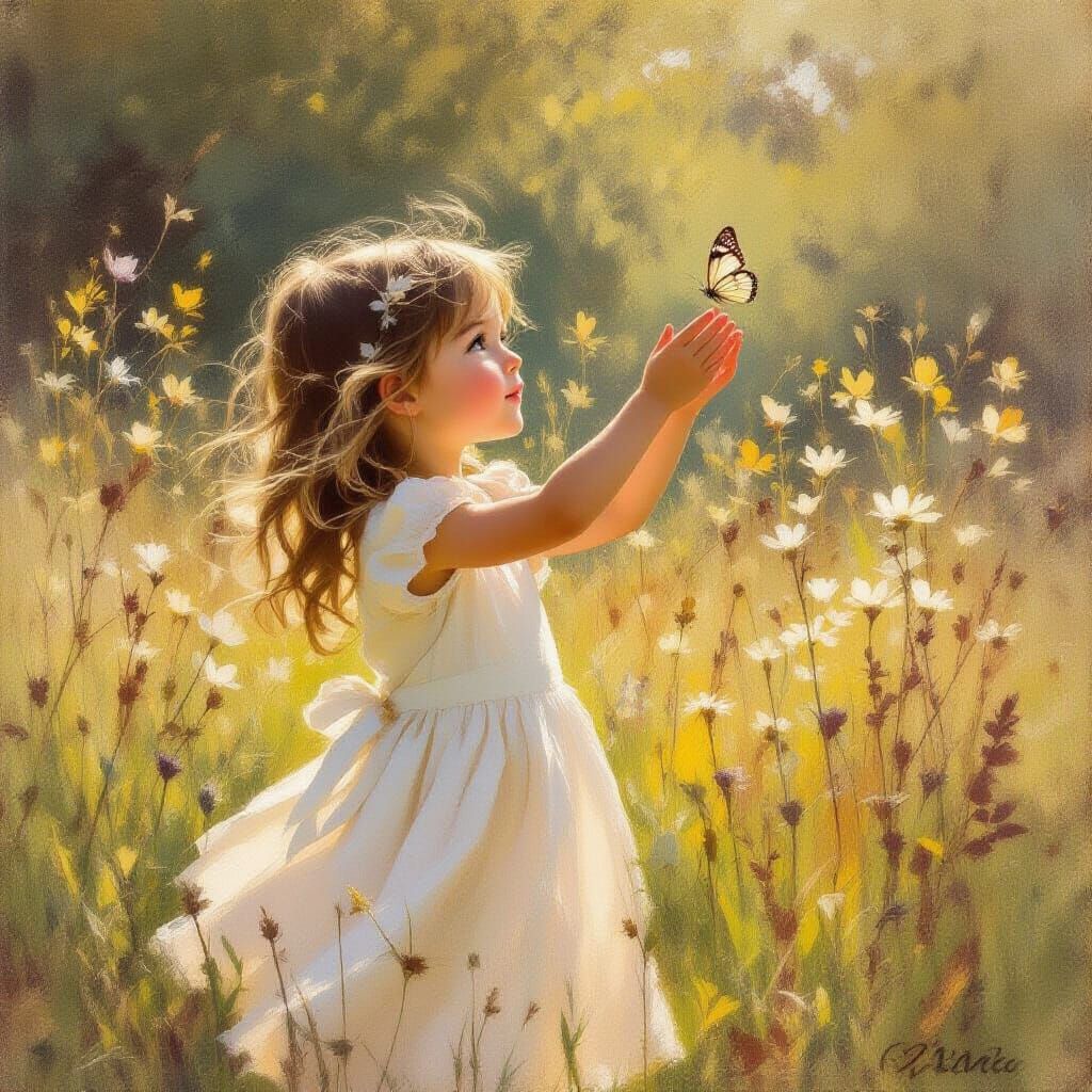 Innocent Girl Reaches for Butterfly in Sunlit Meadow