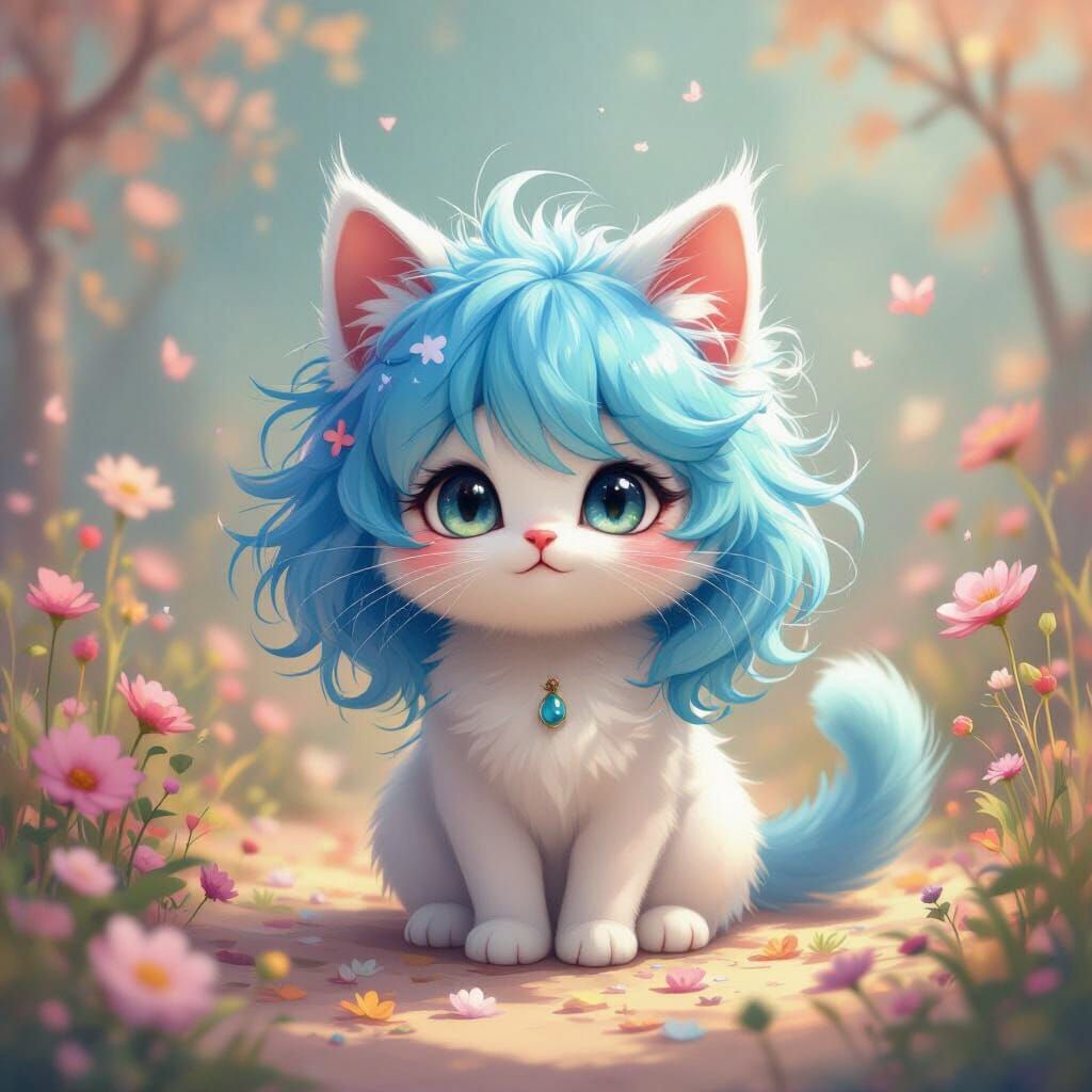 Whimsical Standmix Cat with Blue Locks in Surreal Digital Ar...