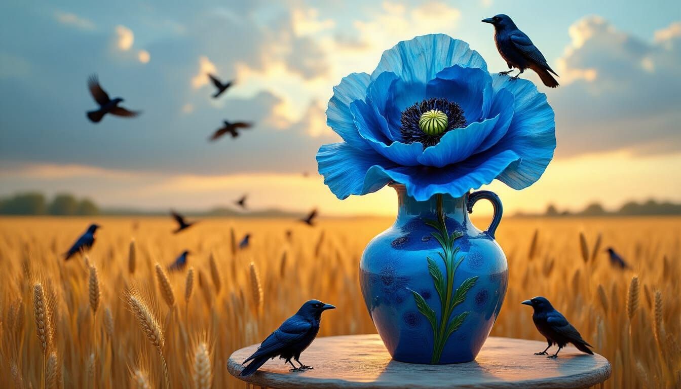 Surreal Blue Poppy Crock Sculpture in Wheat Field
