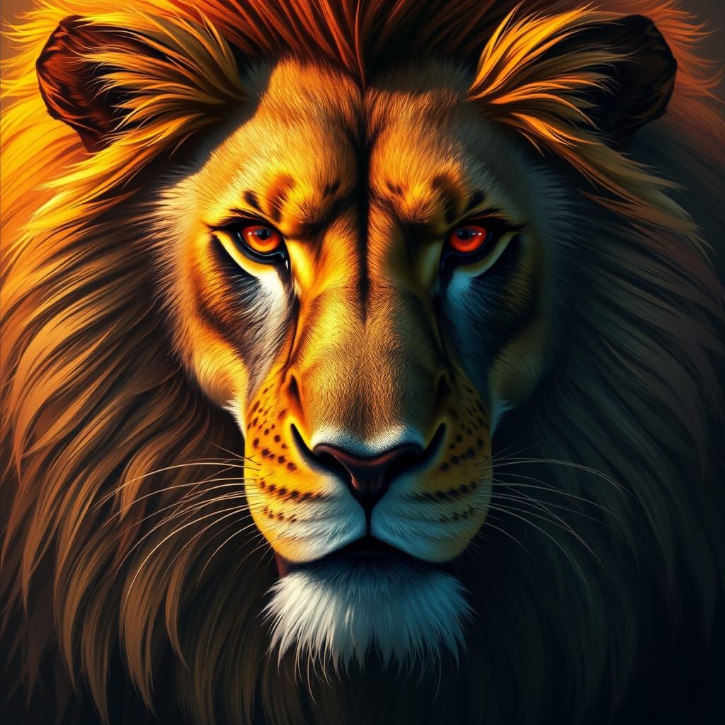 Golden Lit Lion Face in Hyperrealistic Digital Art